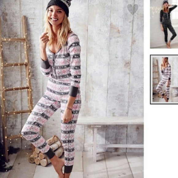PINK Victoria's Secret Other - NWT Victorias Secret Pink Gray Thermal Onesie Size Small Holiday